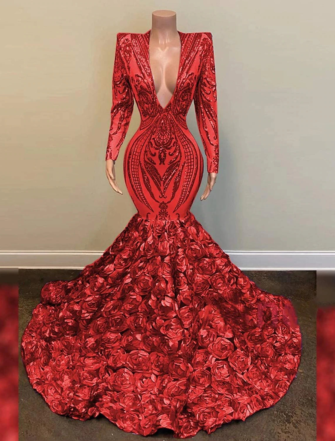 Wholesale Mermaid / Trumpet Sparkle Evening Dress Sexy Engagement Formal Floral Wedding Dress V Neck Long Sleeve Chapel Train Sequined African